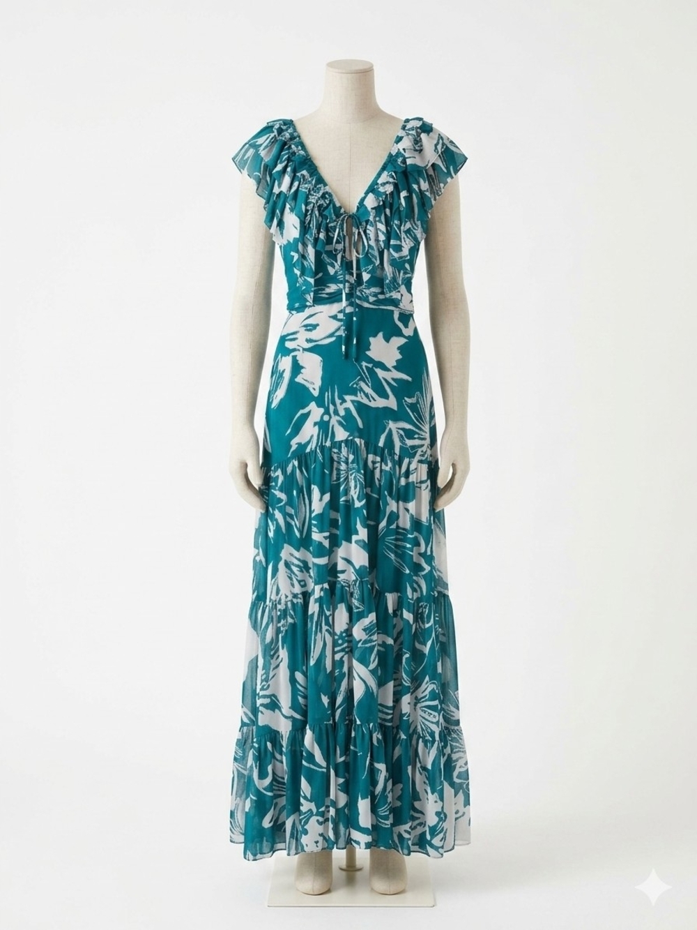 Andres Otalora Pueblo Magico Teal White Abstract Floral Maxi Dress 4